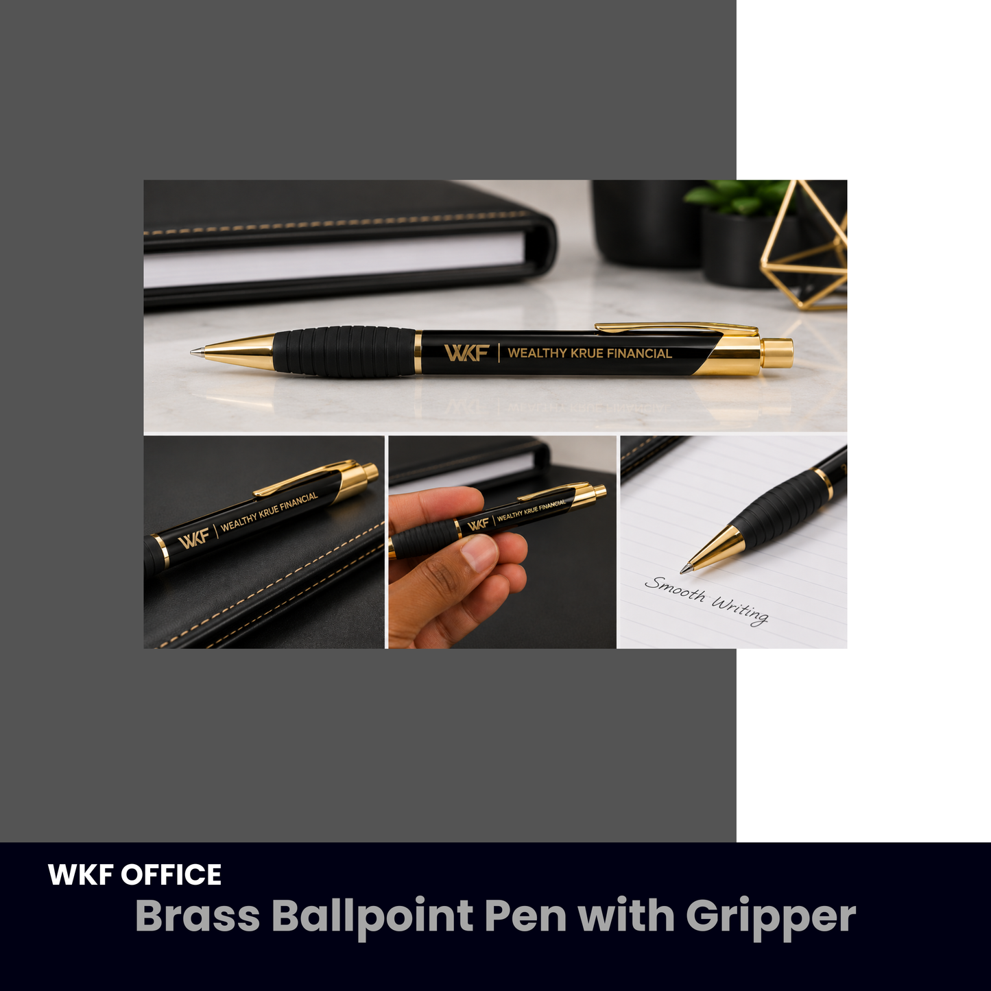 WKF Brass Ballpoint Pen with Gripper - Gloss Black