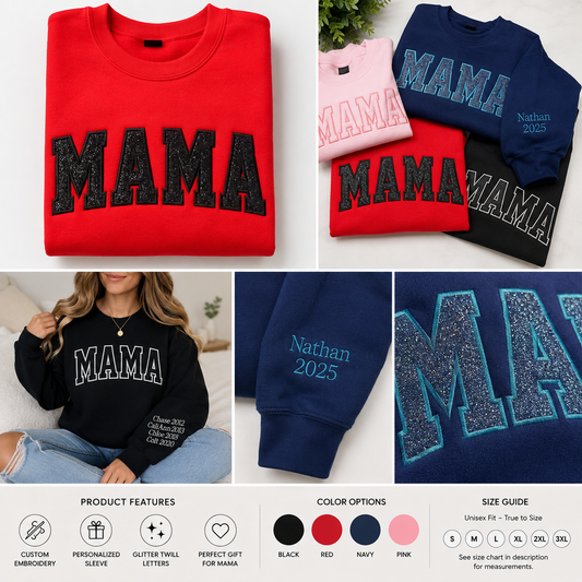Custom Mama Embroidered Sweatshirt with Kids Names on Sleeve – Personalized Mom Crewneck – Birth Year Sleeve Design